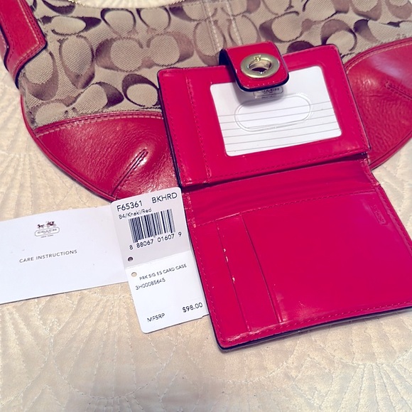 Coach Signature 2pc Set Tan and Red Wallet and Shoulder Bag - Picture 7 of 14